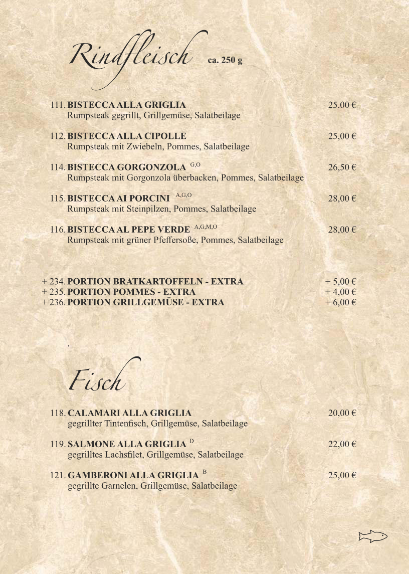 Speisekarte, Ristorante Pizzeria La Fontana