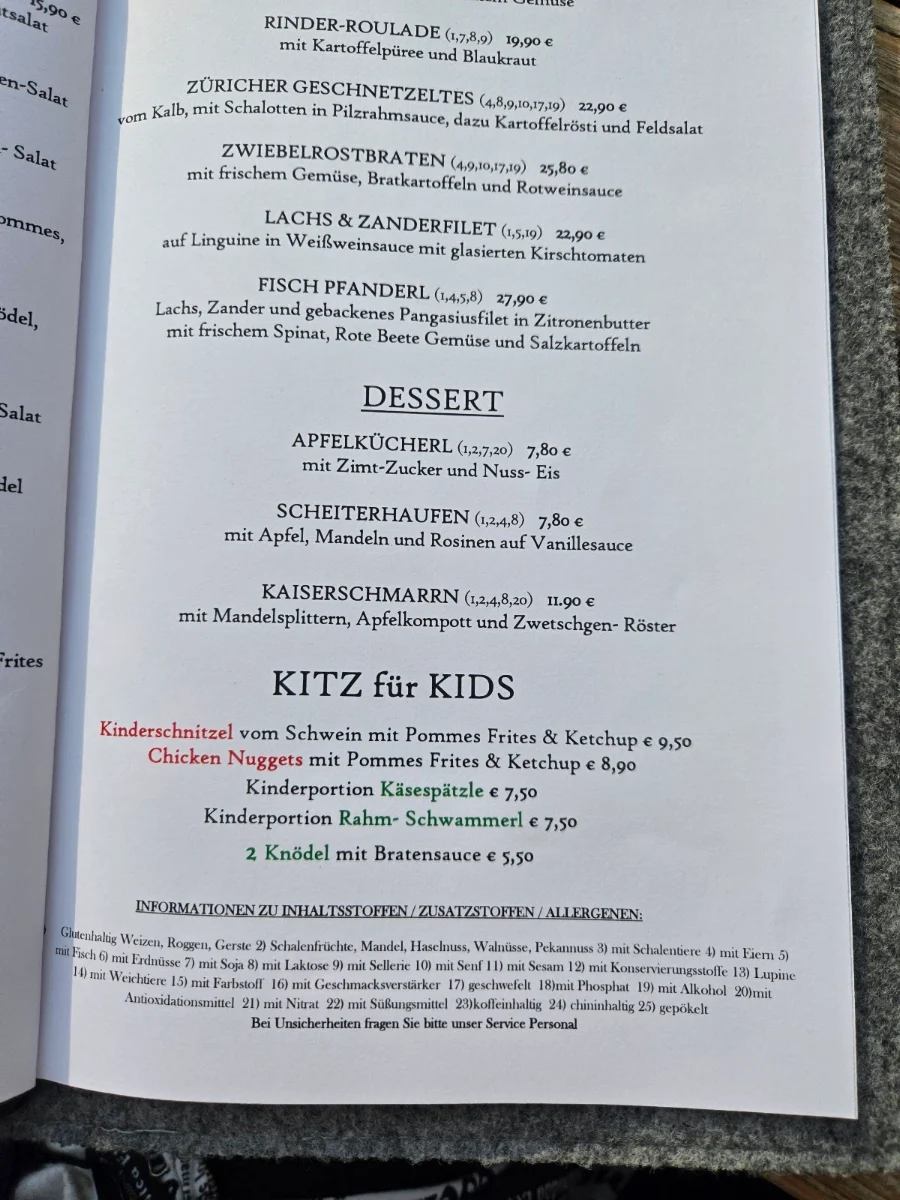 Speisekarte, Restaurant Kitz