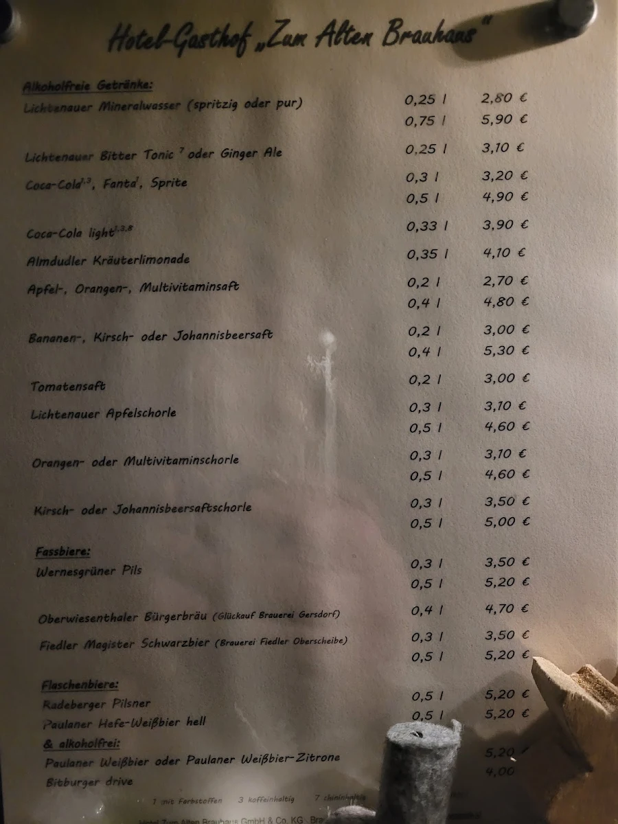 Speisekarte, Hotel-Gasthof Zum Alten Brauhaus