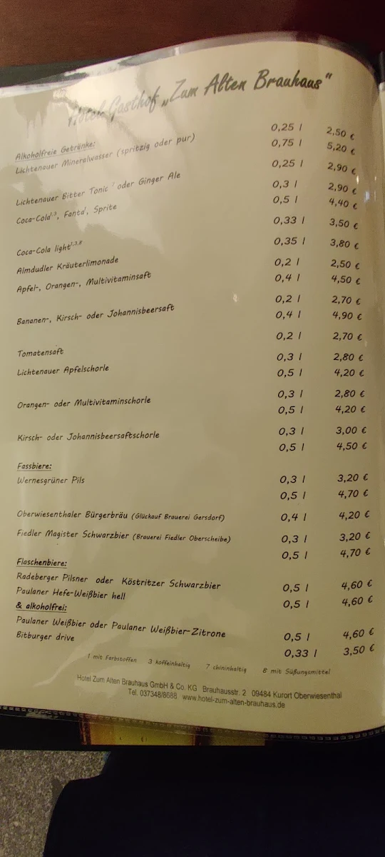 Speisekarte, Hotel-Gasthof Zum Alten Brauhaus