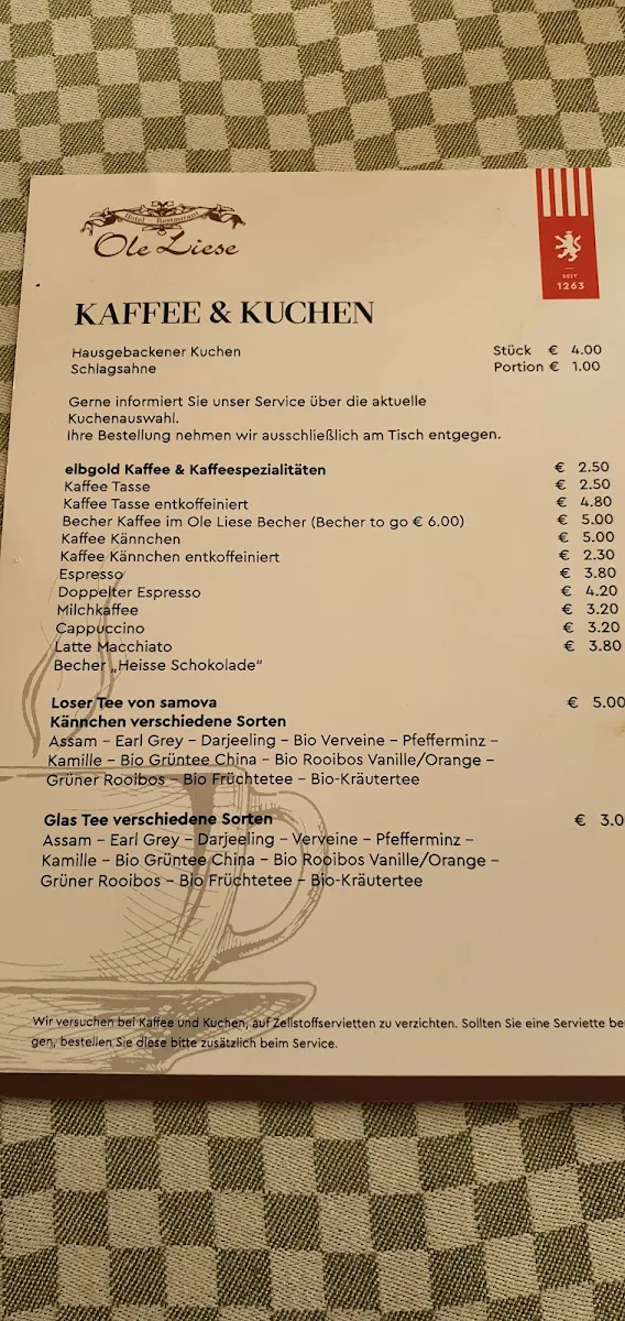 Speisekarte, Restaurant 1797
