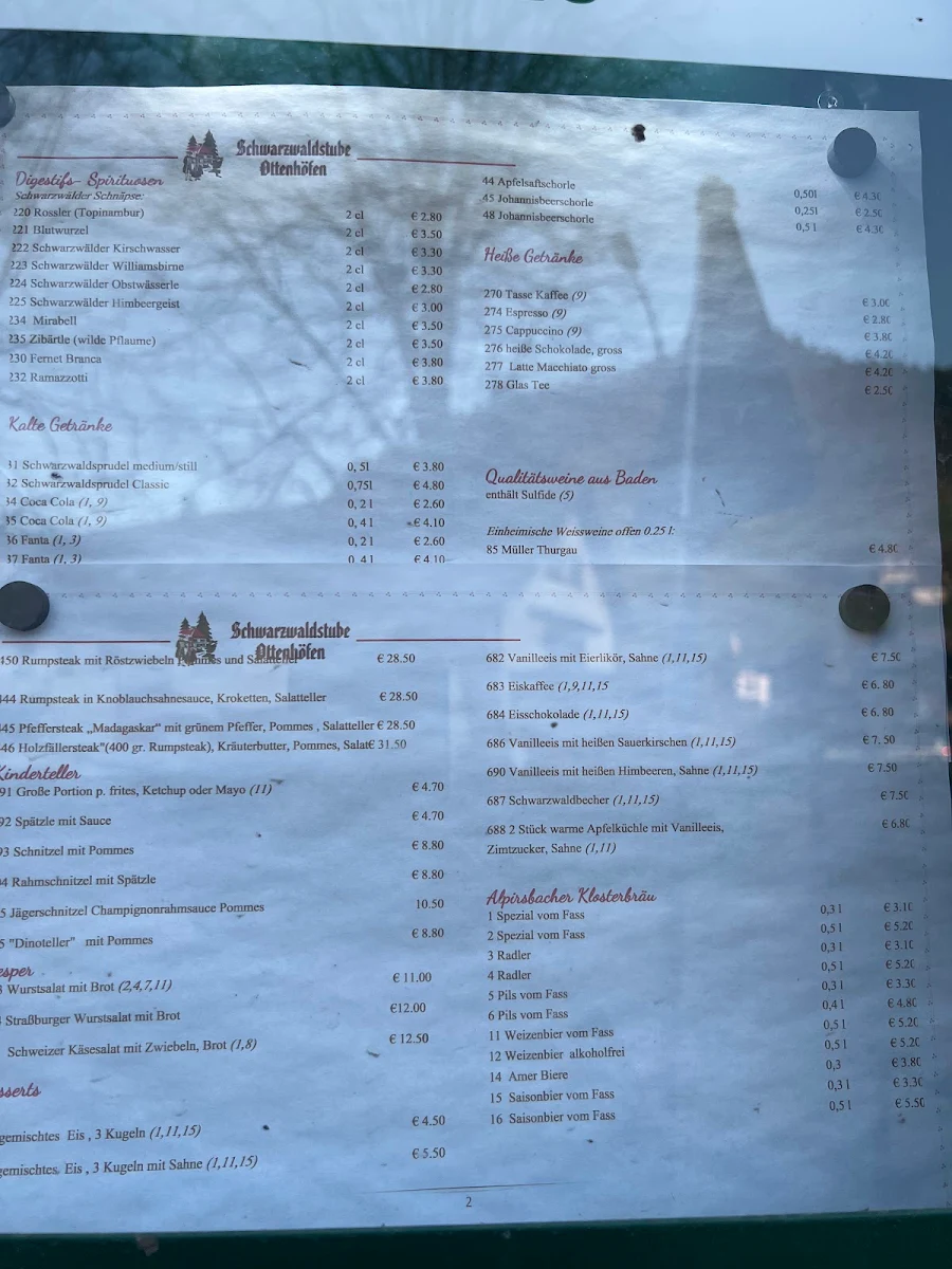 Speisekarte, Gasthaus Schwarzwaldstube