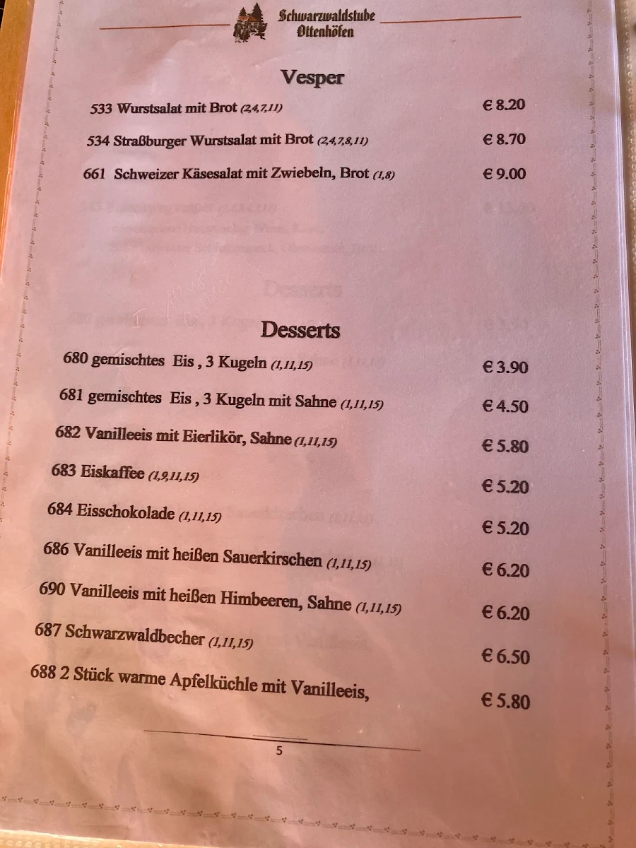 Speisekarte, Gasthaus Schwarzwaldstube