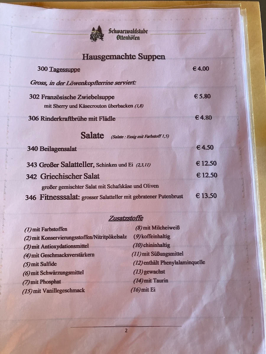 Speisekarte, Gasthaus Schwarzwaldstube