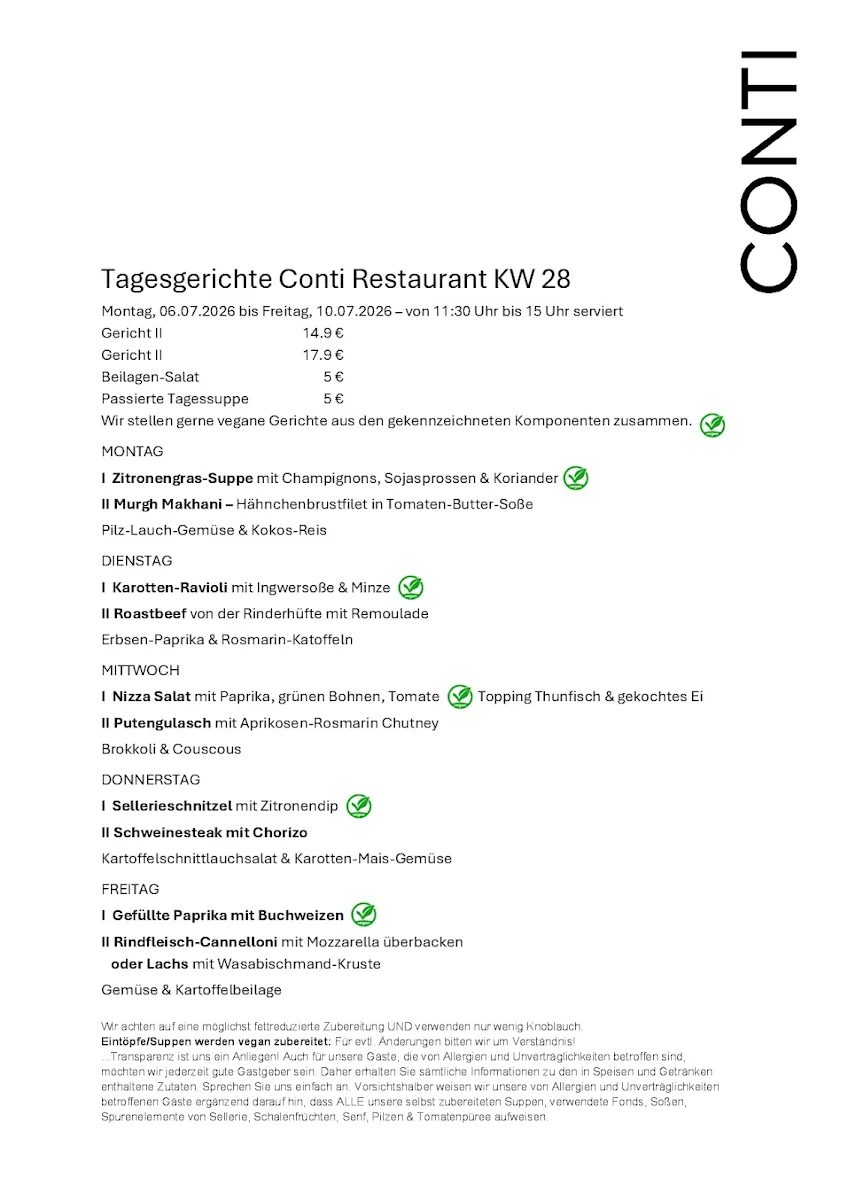 Speisekarte, Conti Restaurant