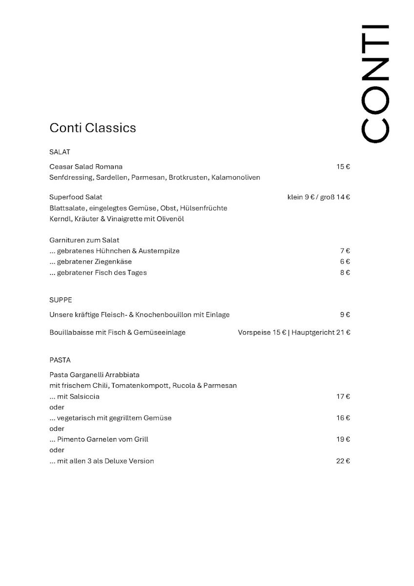 Speisekarte, Conti Restaurant