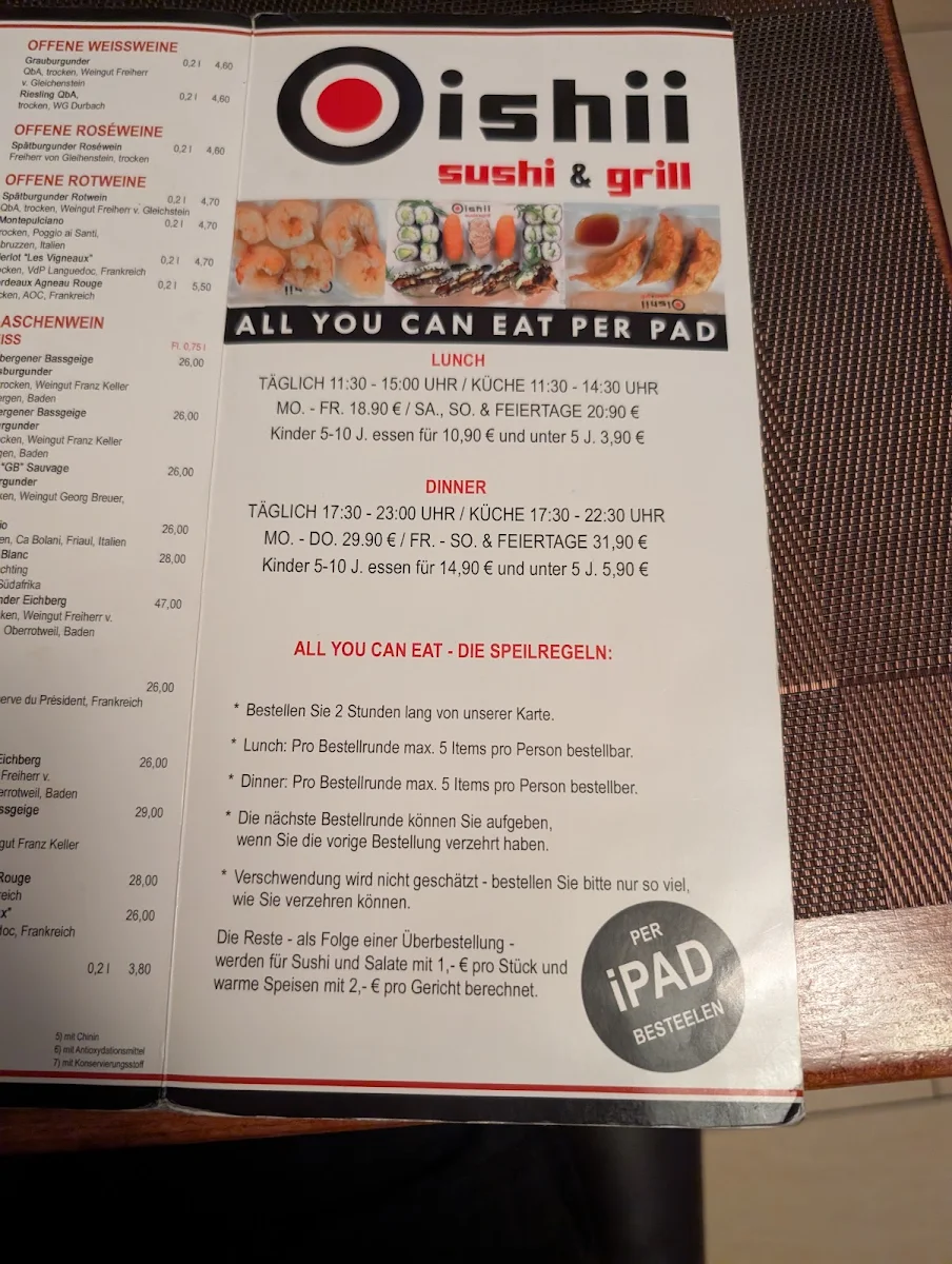 Speisekarte, Oishii Sushi & Grill