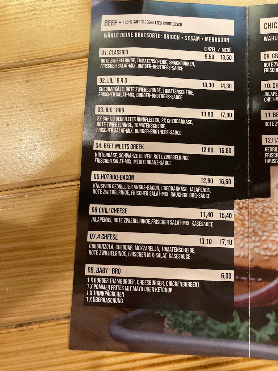 Speisekarte, Burger Brothers GmbH