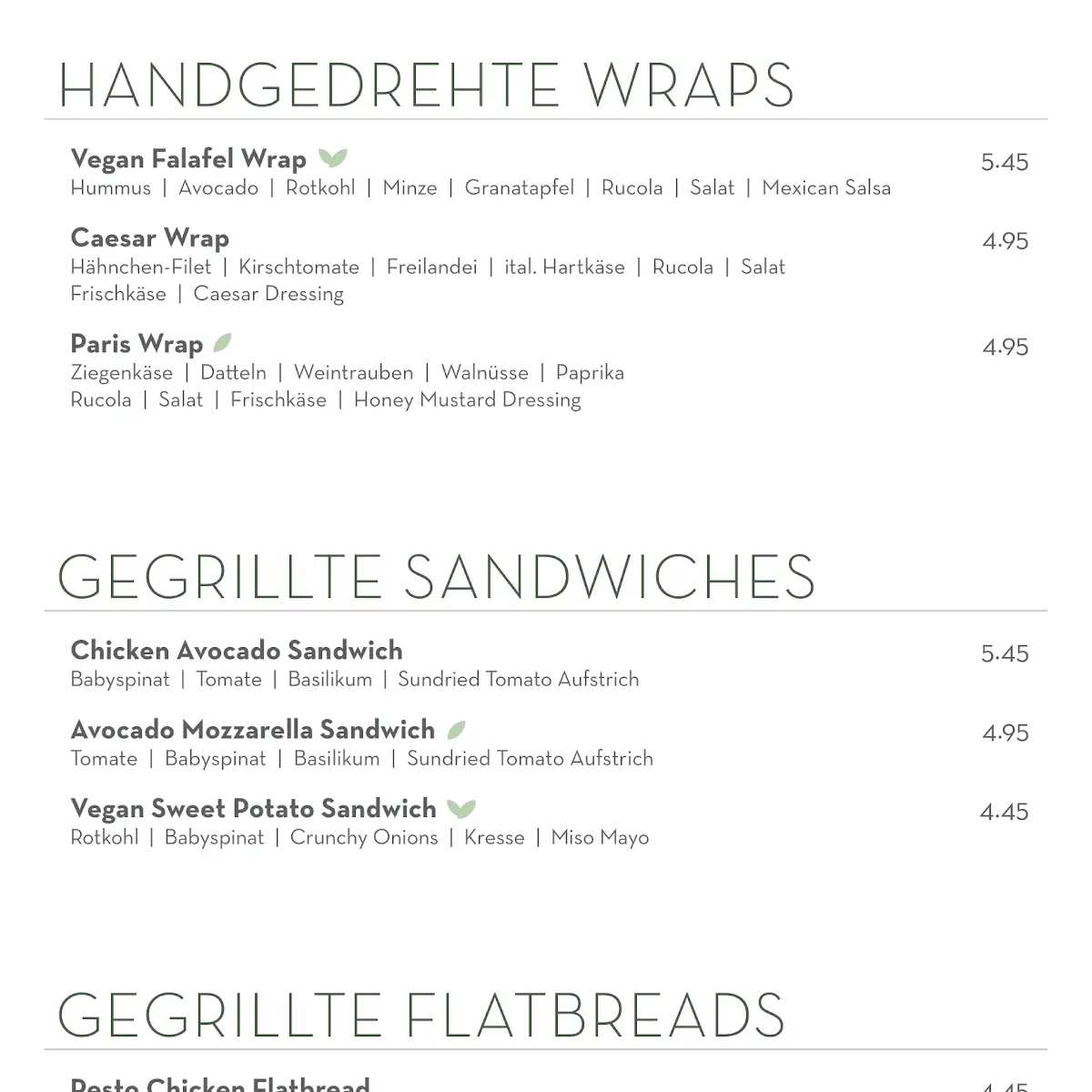 Speisekarte, dean&david | Bowls, Salate, Curries & Snacks im Shopping Center MyZeil, Frankfurt am Main