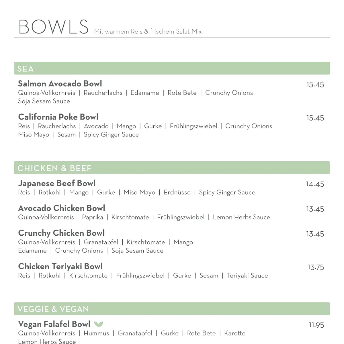 Speisekarte, dean&david | Bowls, Salate, Curries & Snacks im Shopping Center MyZeil, Frankfurt am Main