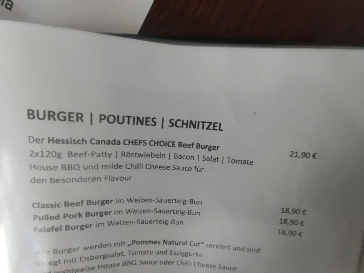 Speisekarte, Hessisch Canada Fulda