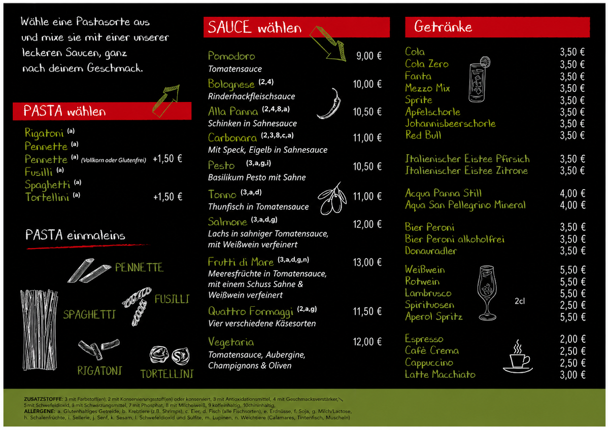 Speisekarte, Pizzeria Pizza Pazza