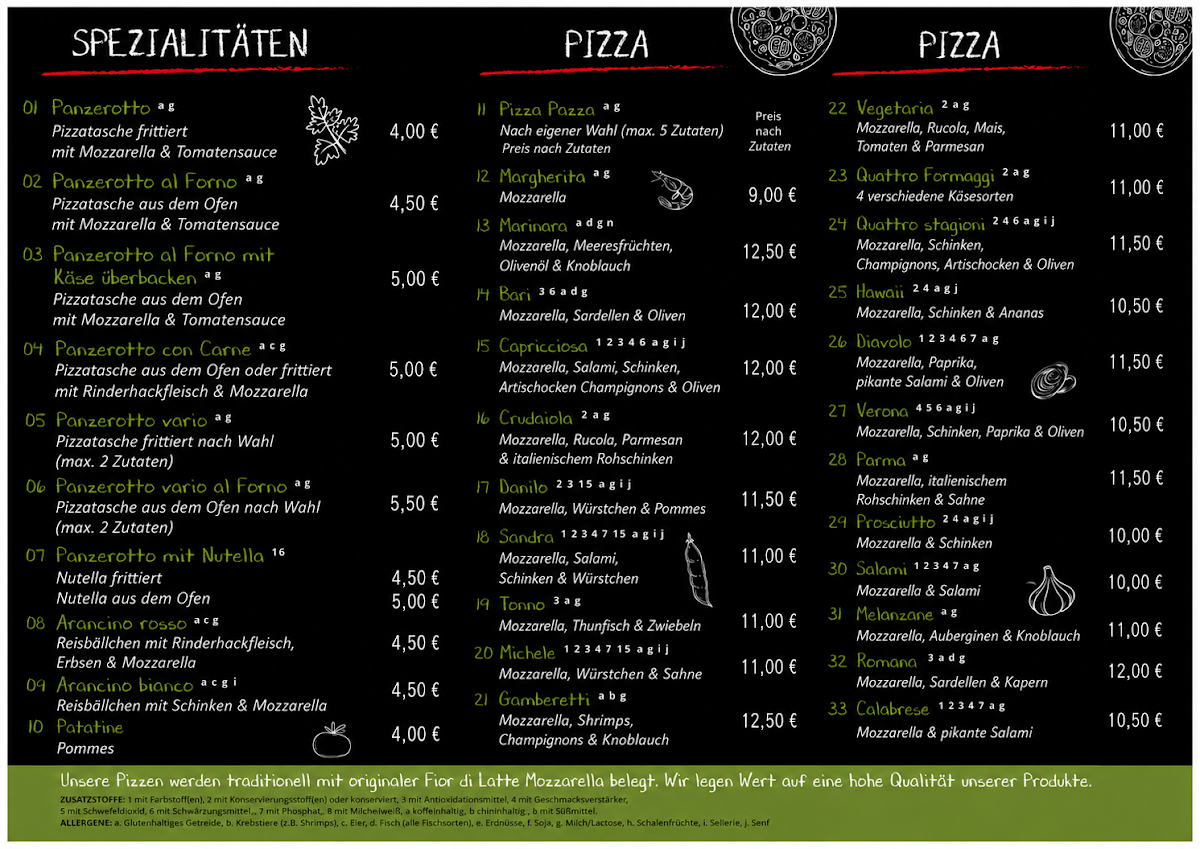 Speisekarte, Pizzeria Pizza Pazza