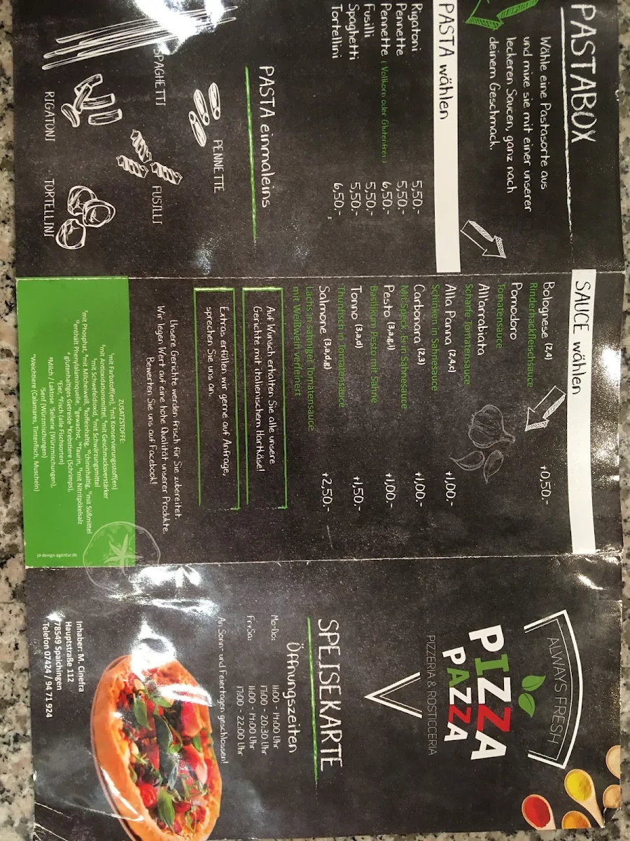 Speisekarte, Pizzeria Pizza Pazza