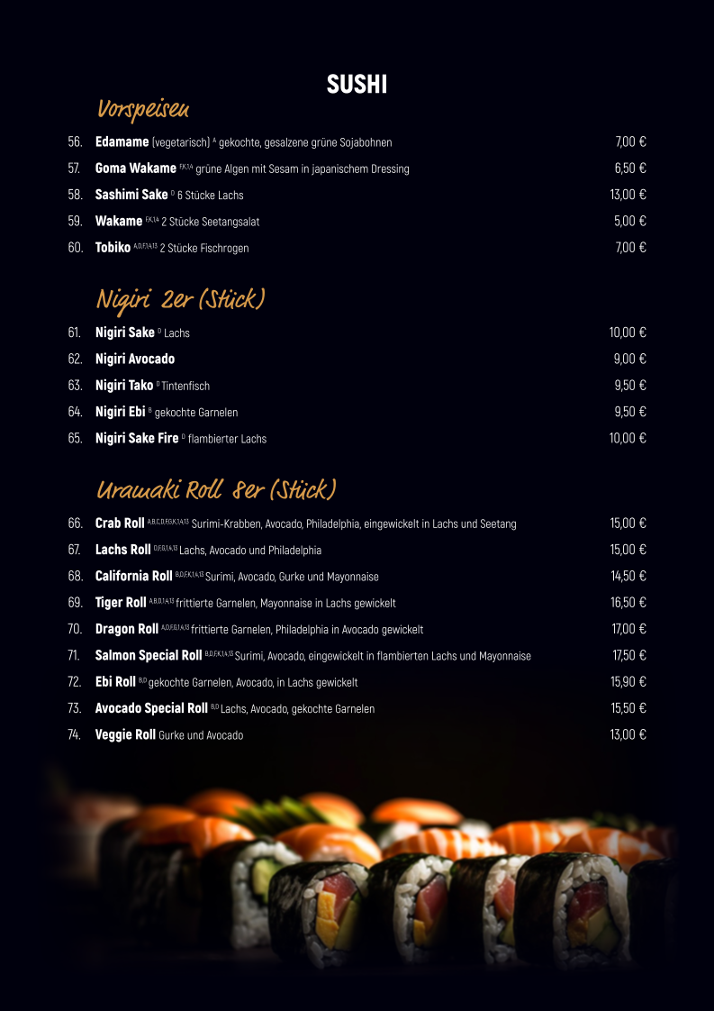 Speisekarte, Asia Restaurant Rive Gauche