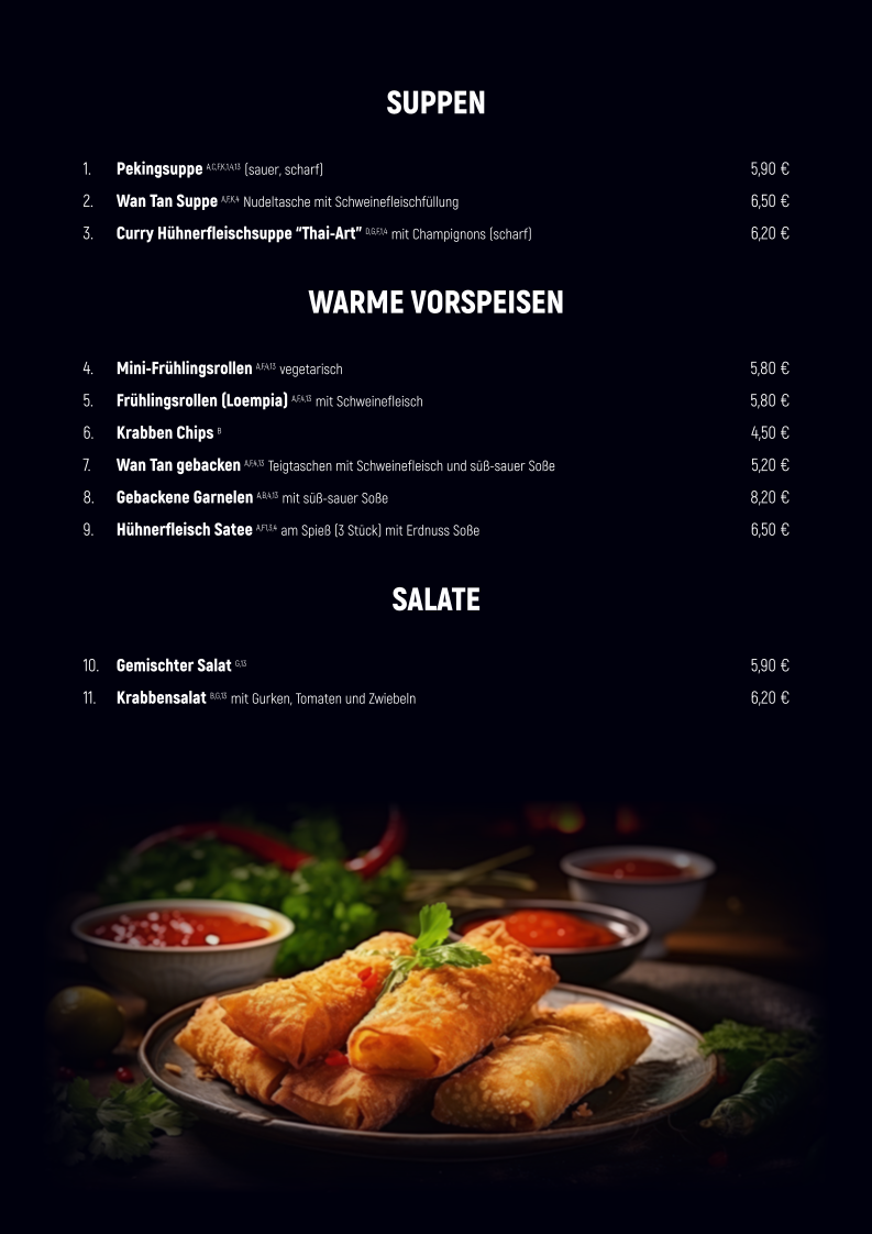 Speisekarte, Asia Restaurant Rive Gauche