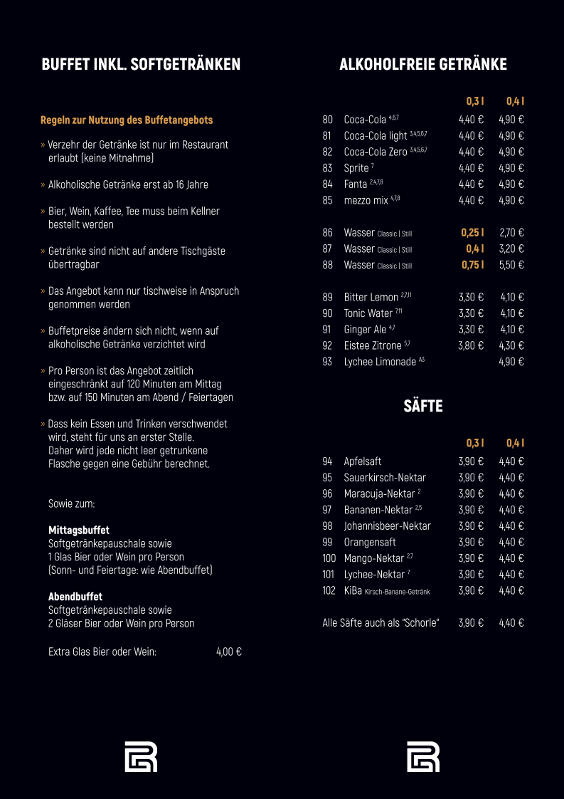 Speisekarte, Asia Restaurant Rive Gauche