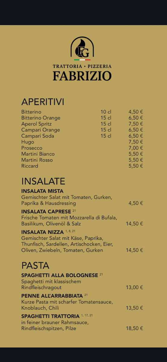 Speisekarte, Trattoria ᛫ Pizzeria Fabrizio