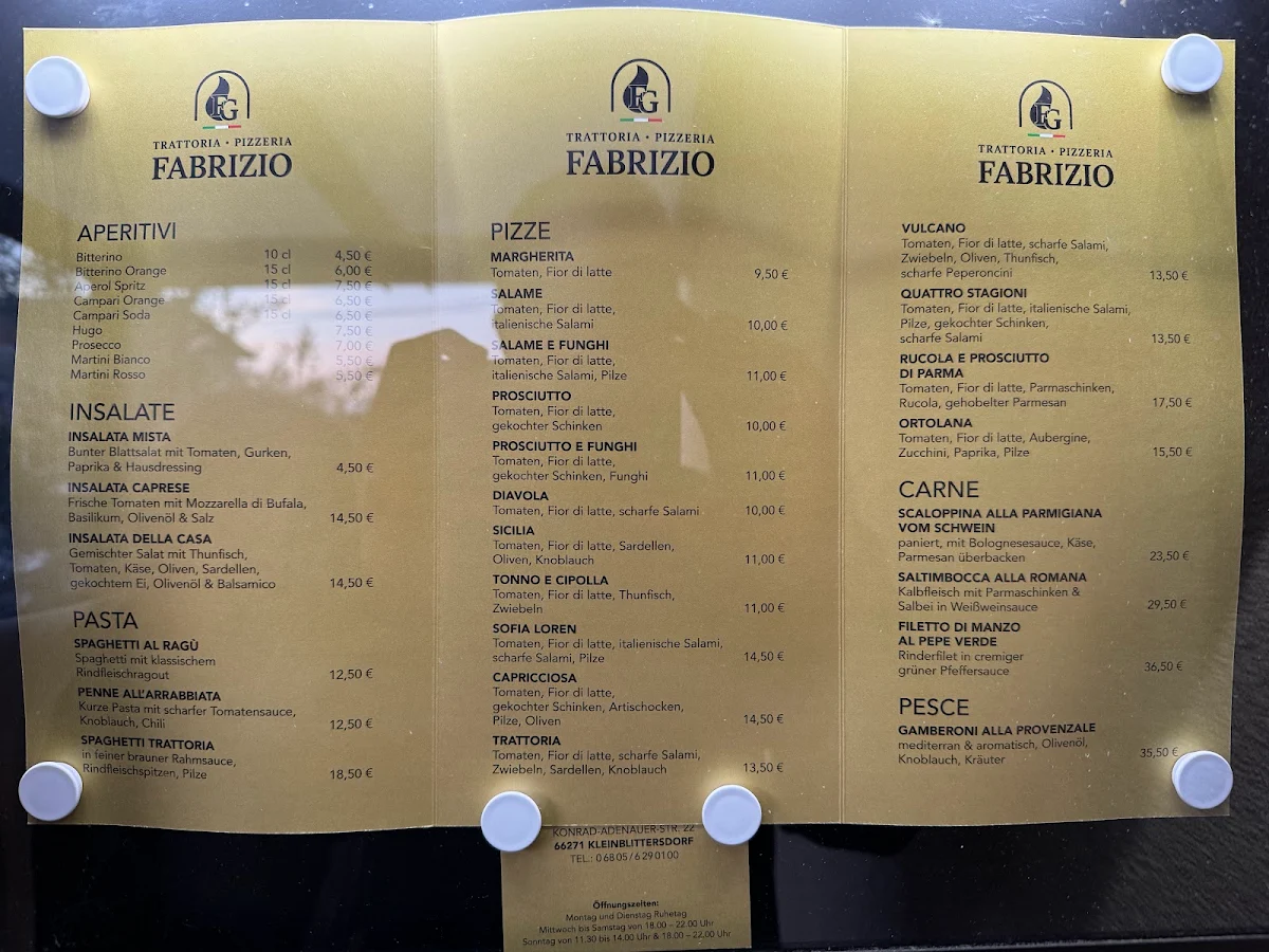 Speisekarte, Trattoria ᛫ Pizzeria Fabrizio