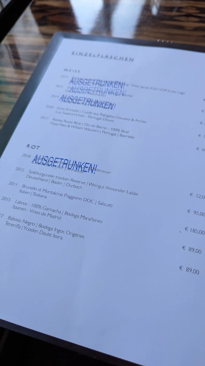 Speisekarte, Restaurant VAI - Lübeck