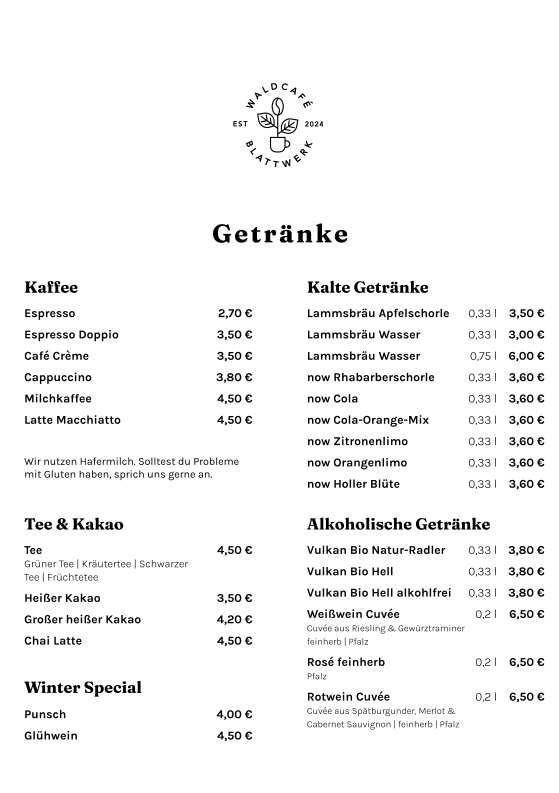 Speisekarte, Waldcafé Blattwerk