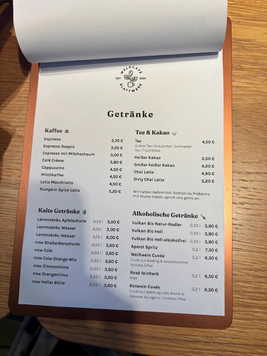 Speisekarte, Waldcafé Blattwerk