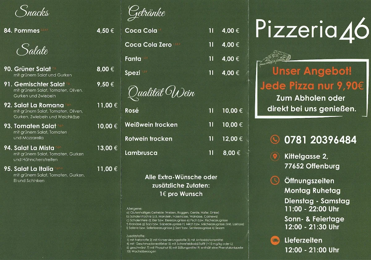 Speisekarte, Pizzeria46