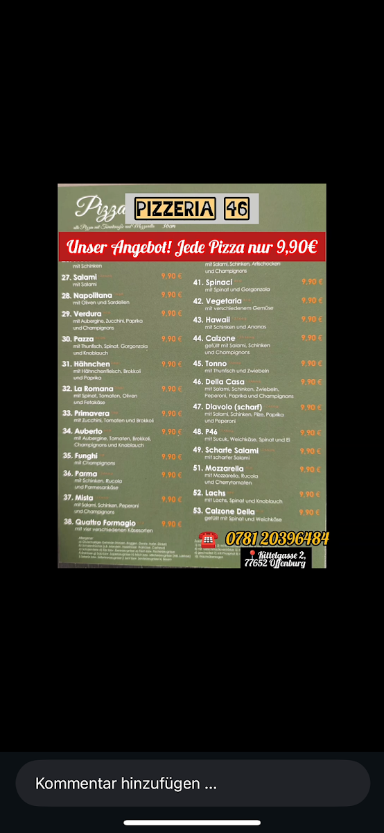 Speisekarte, Pizzeria46