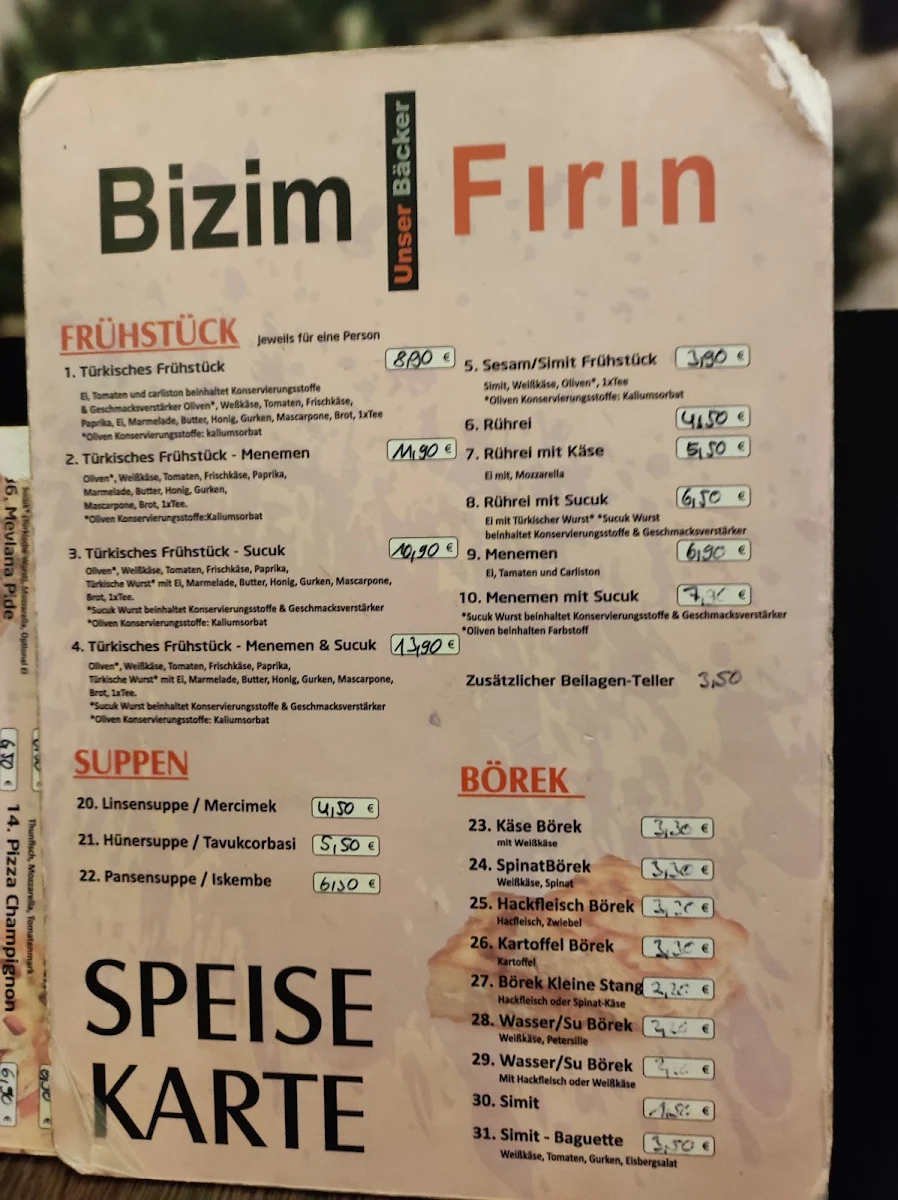 Speisekarte, Bizim Fırın - Unsere Bäckerei