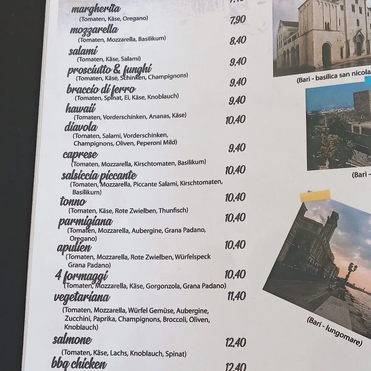 Speisekarte, L'Osteria Apulien Bunde