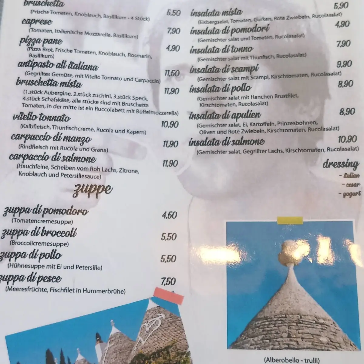 Speisekarte, L'Osteria Apulien Bunde