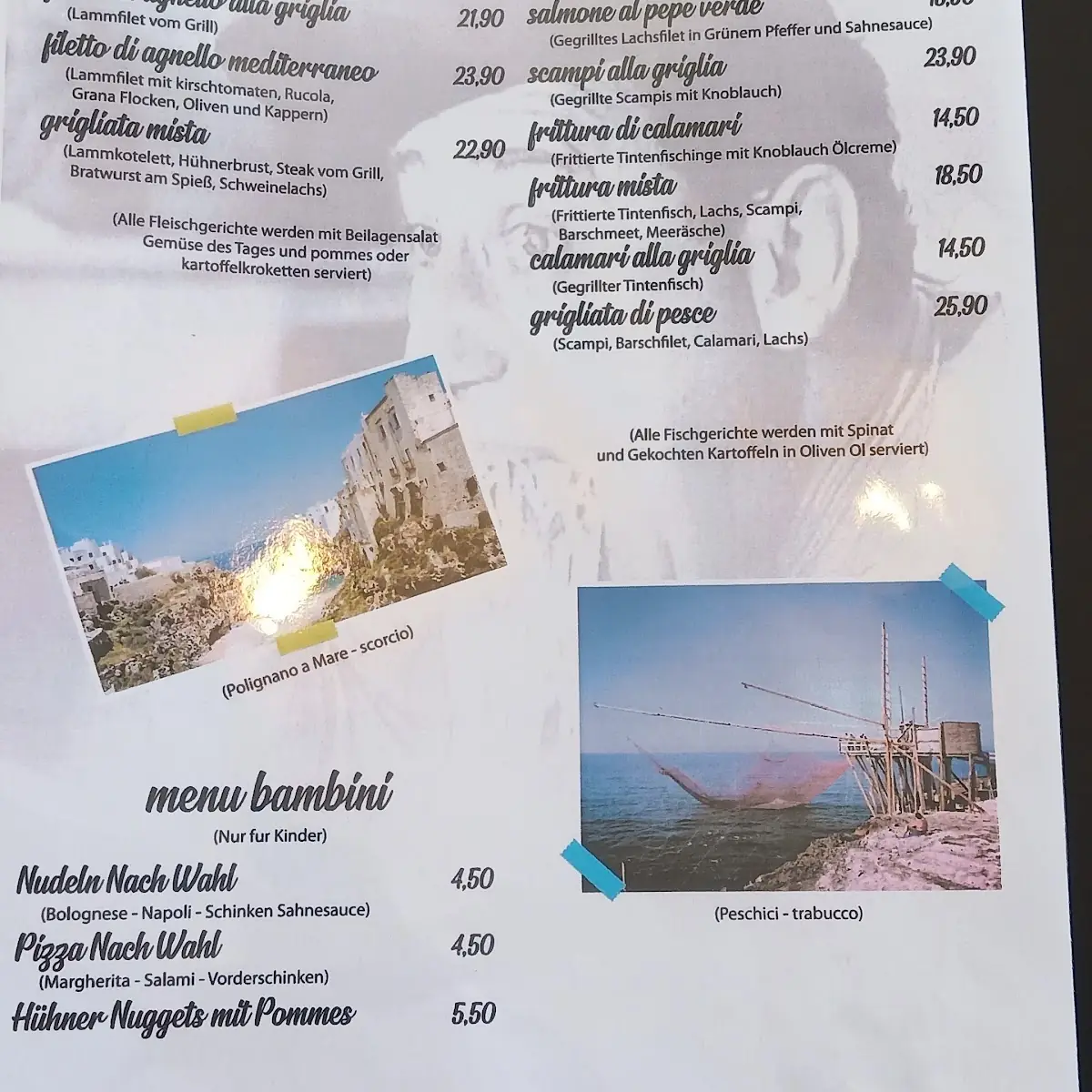 Speisekarte, L'Osteria Apulien Bunde