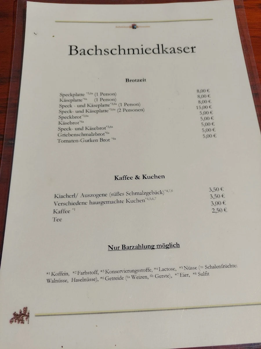 Speisekarte, Bachschmied - Kaser Alm