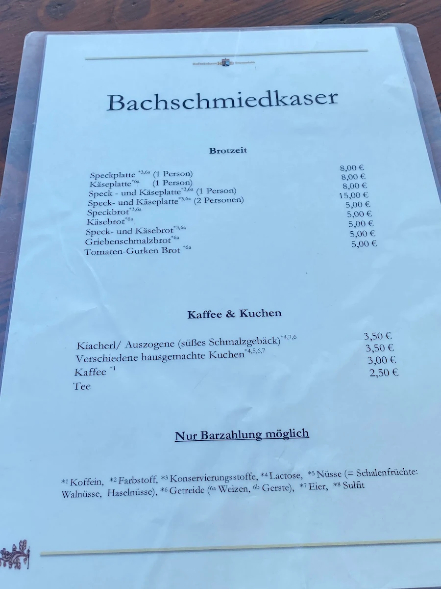 Speisekarte, Bachschmied - Kaser Alm