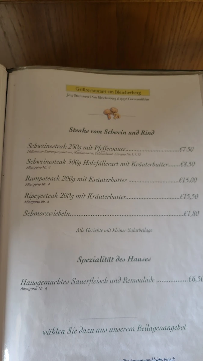 Speisekarte, Grillrestaurant am Bleicherberg