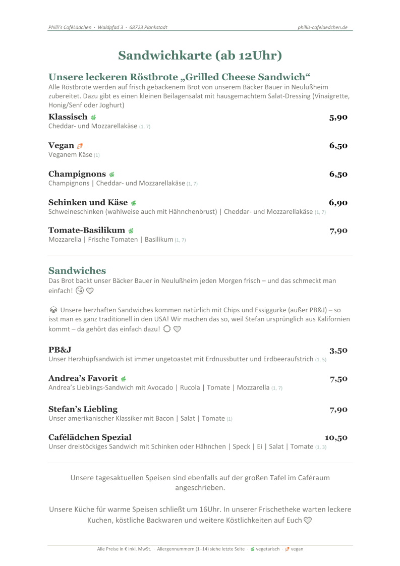 Speisekarte, Philli's CaféLädchen (Café)