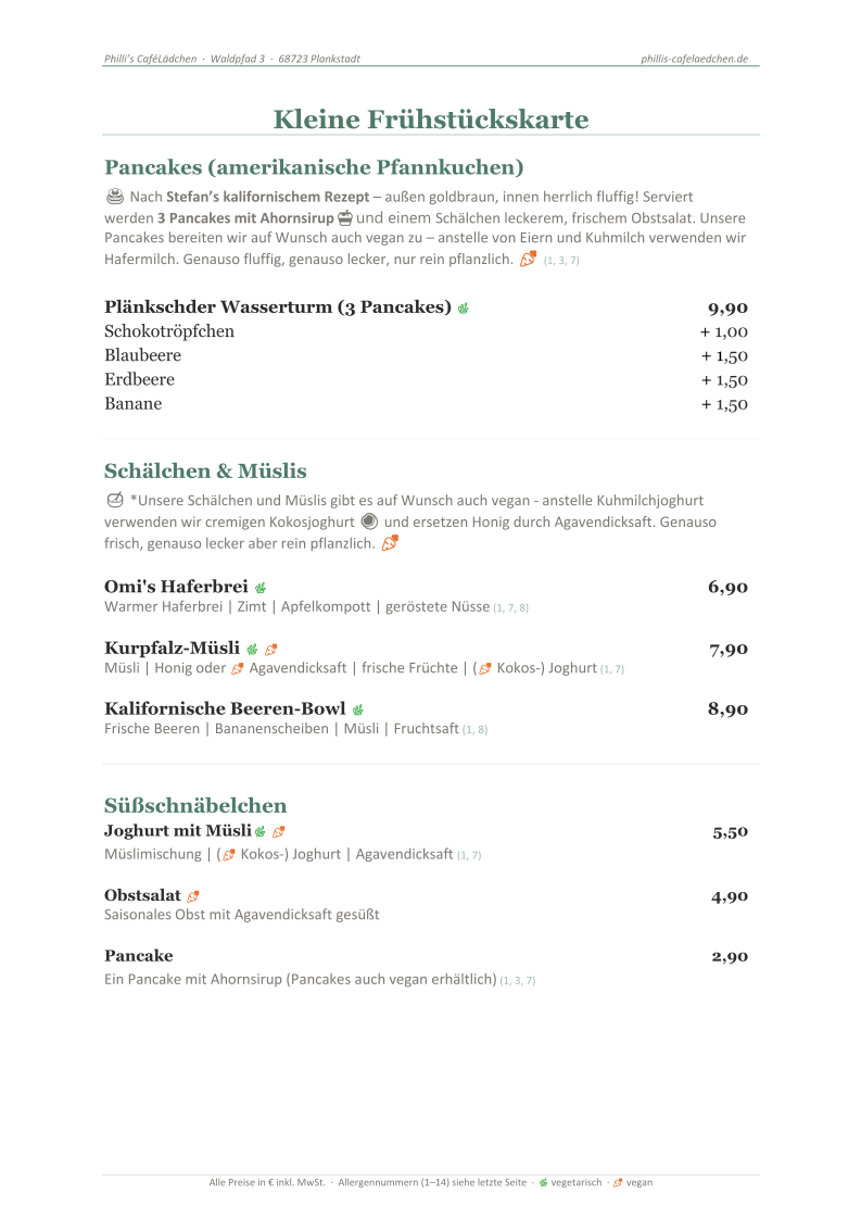 Speisekarte, Philli's CaféLädchen (Café)