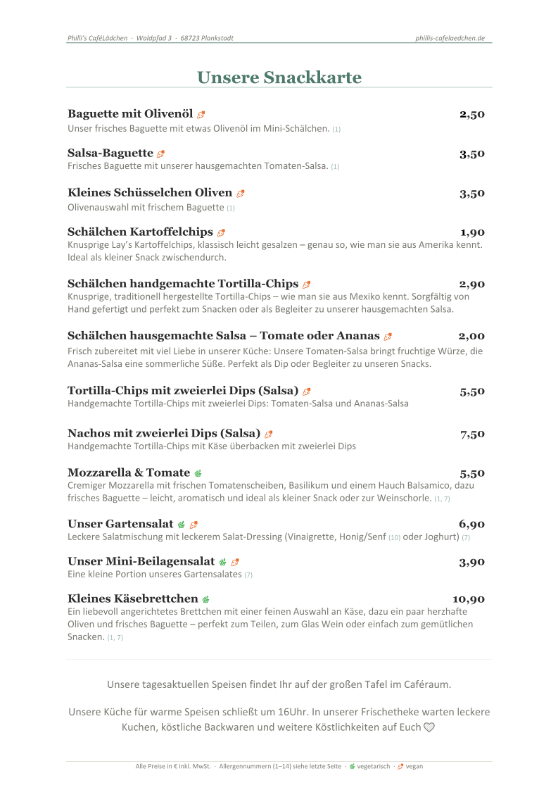 Speisekarte, Philli's CaféLädchen (Café)