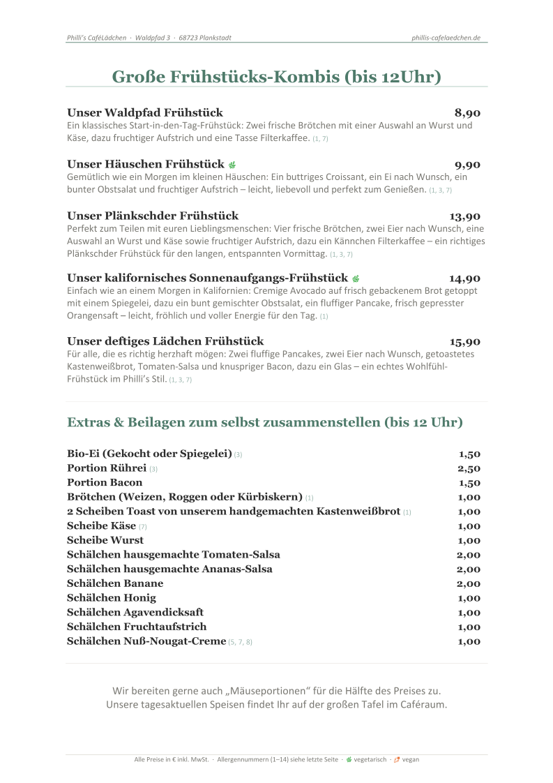 Speisekarte, Philli's CaféLädchen (Café)