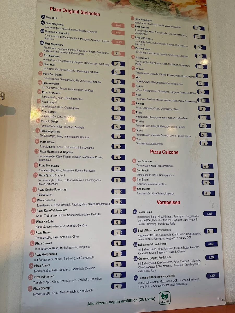 Speisekarte, Pizzeria Napoletana