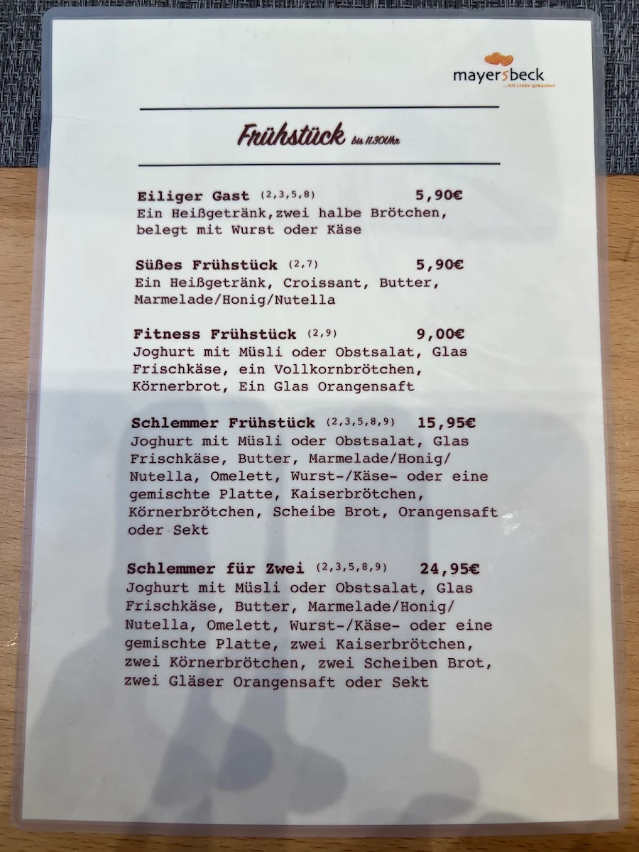 Speisekarte, Mayer's Beck Bäckerei