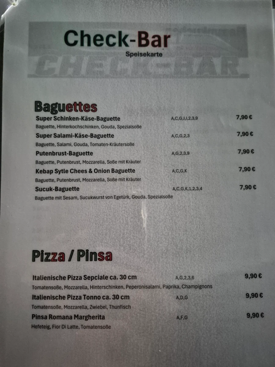 Speisekarte, Check-Bar