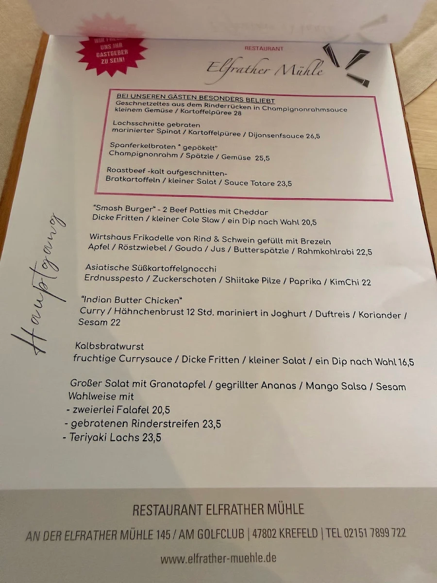 Speisekarte, Restaurant Elfrather Mühle