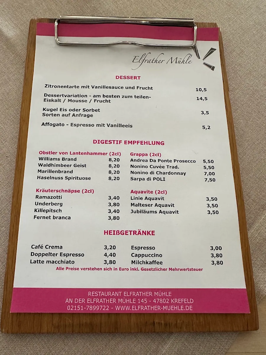 Speisekarte, Restaurant Elfrather Mühle