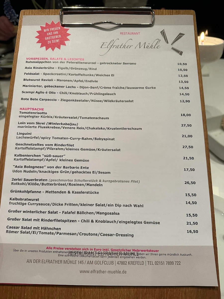 Speisekarte, Restaurant Elfrather Mühle