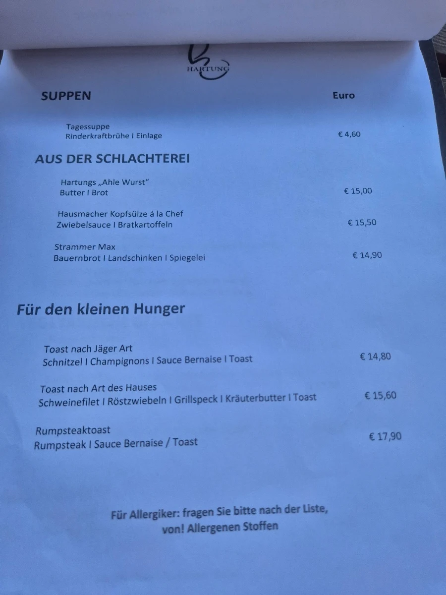 Speisekarte, Gasthaus Hartung