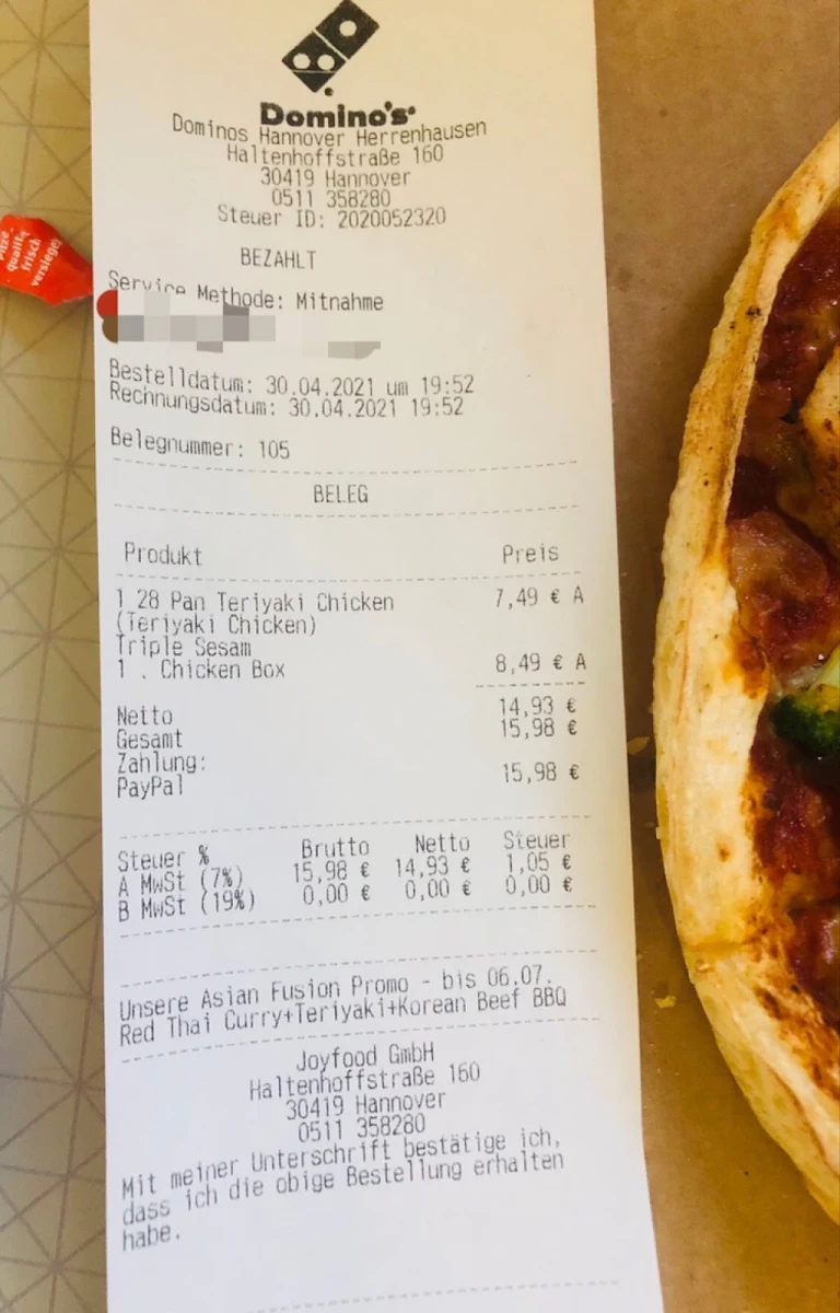 Speisekarte, Domino's Pizza Hannover Herrenhausen