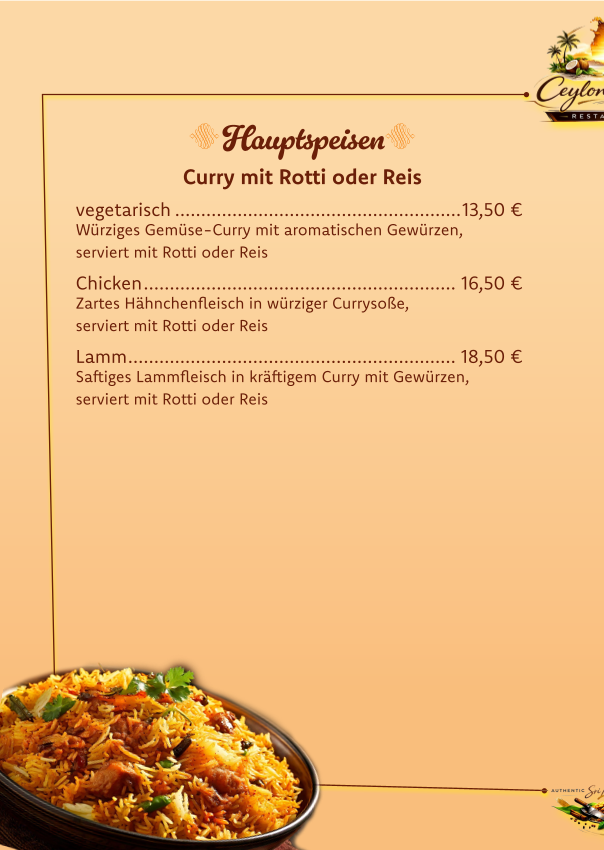 Speisekarte, Vereinsgaststätte TSV Meckenbeuren (Ceylon Kothu)