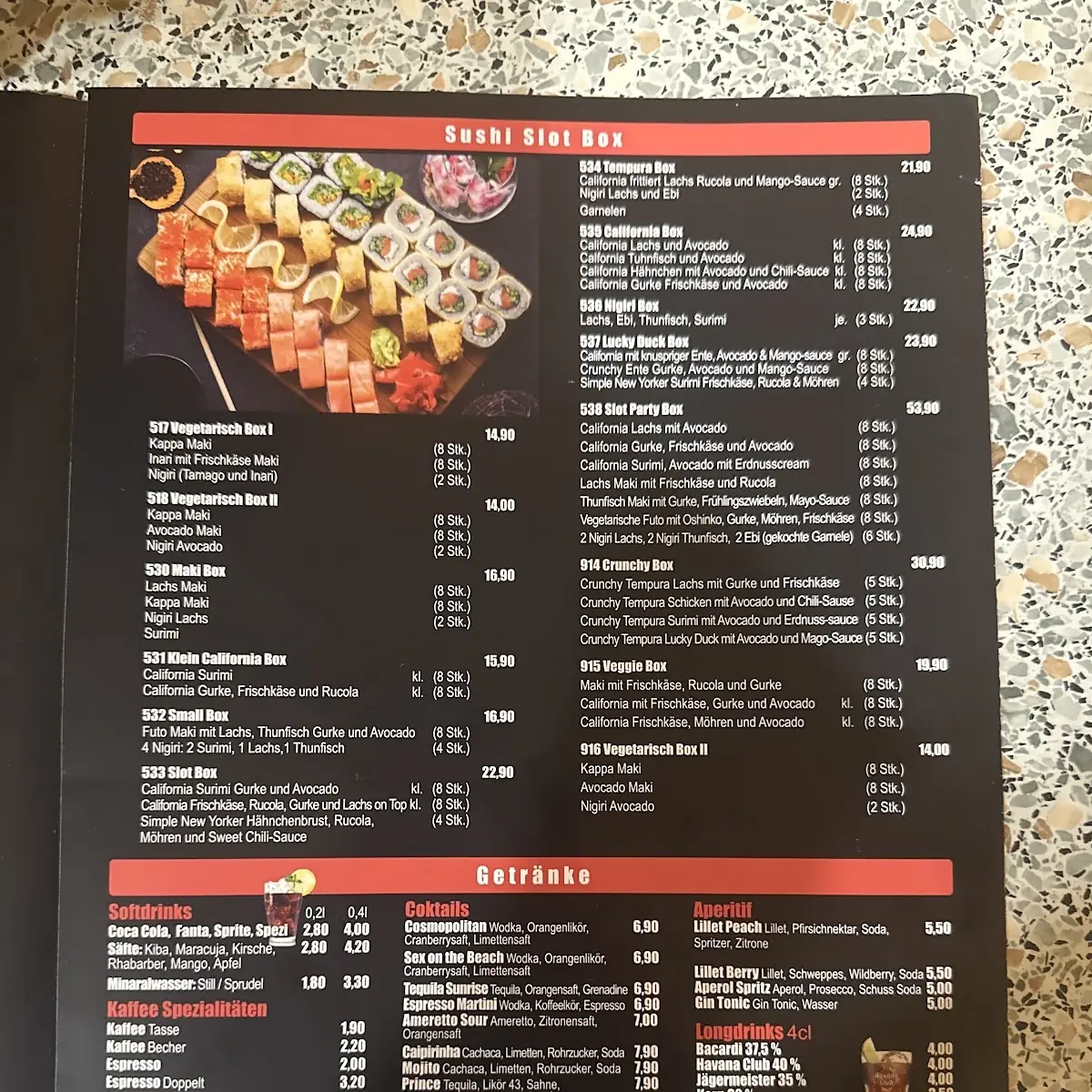 Speisekarte, Slot Café & Sushi