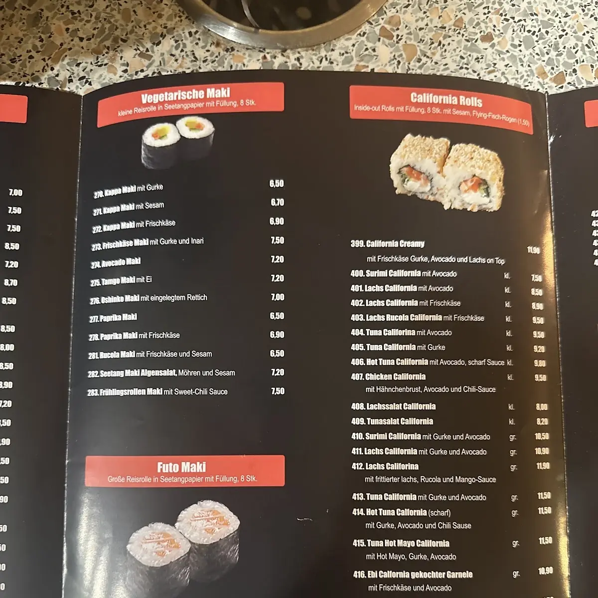 Speisekarte, Slot Café & Sushi